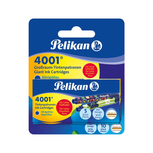 Pelikan Tintenpatronen 4001® Blisterverpackung mit 2 x 5 bunt bedruckten Patronen für Lamy-Füller, Königsblau