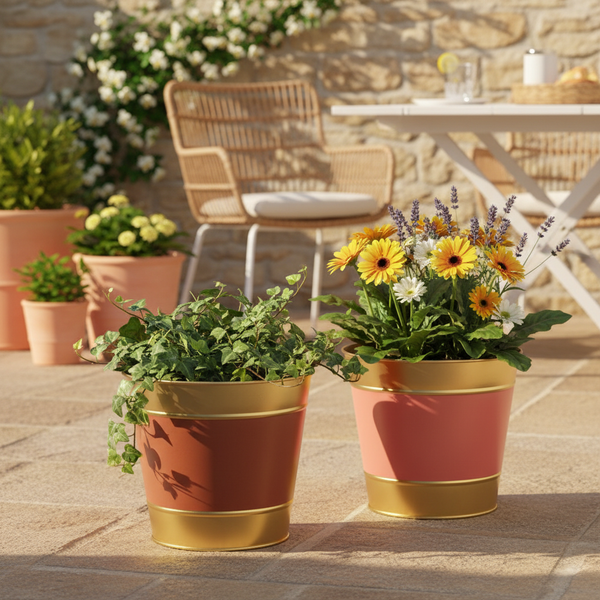 Pflanzkübel aus Metall mit Goldrand, bepflanzt mit Efeu und Blumen auf einer hellen Terrasse mit Gartenstuhl und Steinfassade.
