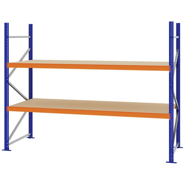 Weitspannregal mit blauem Metallrahmen und zwei orangefarbenen Ebenen mit Holzböden.