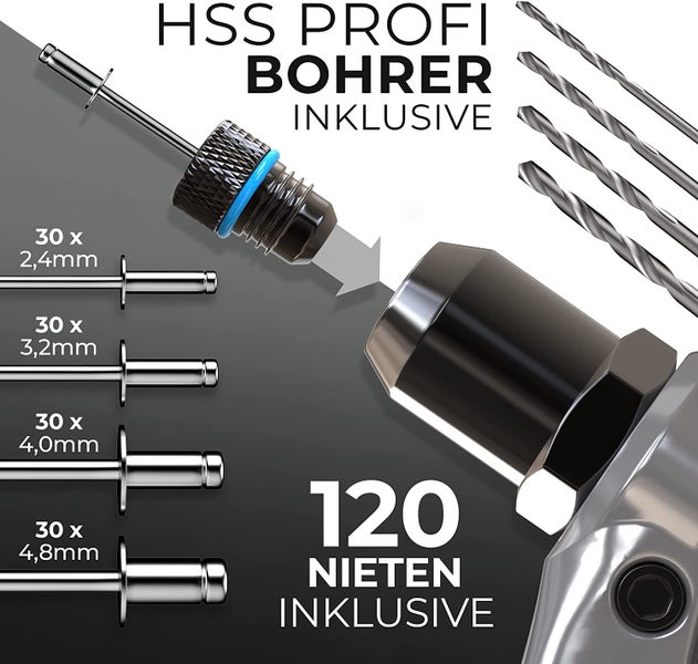 KLRStec® Professional Nietenzangen Set inkl. 120 Nieten und 4 HSS Bohrern – Hochwertige Popnietenzange zum verarbeiten von Blindnieten