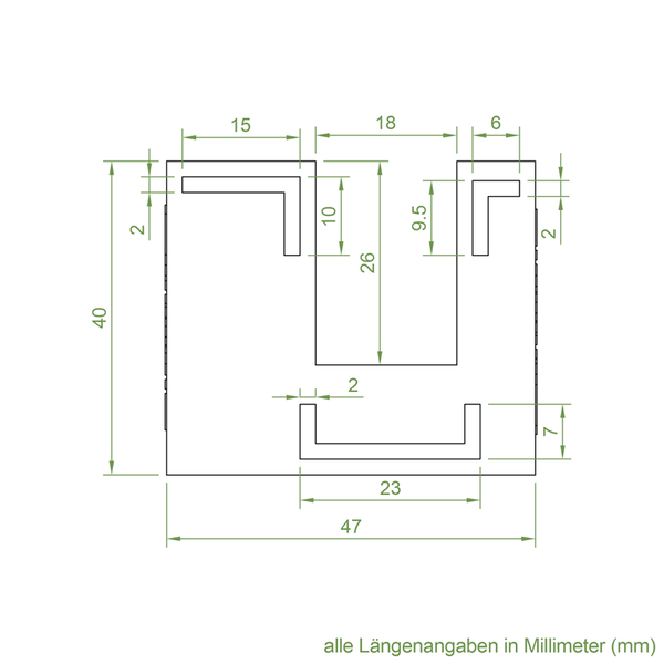Technische Zeichnung mit Längenangaben in Millimeter