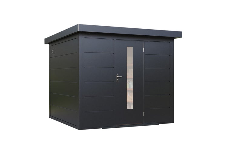 Modernes Gartenhaus aus Metall mit Flachdach und Einzeltür mit Glaseinsatz.