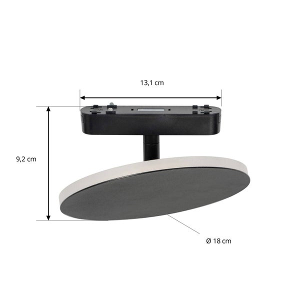 Runde Deckenleuchte in Schwarz und Weiß mit Maßen: Breite 13,1 Zentimeter, Höhe 9,2 Zentimeter und Durchmesser 18 Zentimeter.