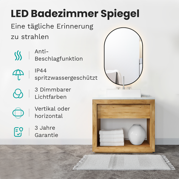 Mirlux Badezimmerspiegel mit LED-Beleuchtung & Heizung, Wandspiegel oval, Anti-Kondensations-Duschspiegel, Schwarz, 90x60CM