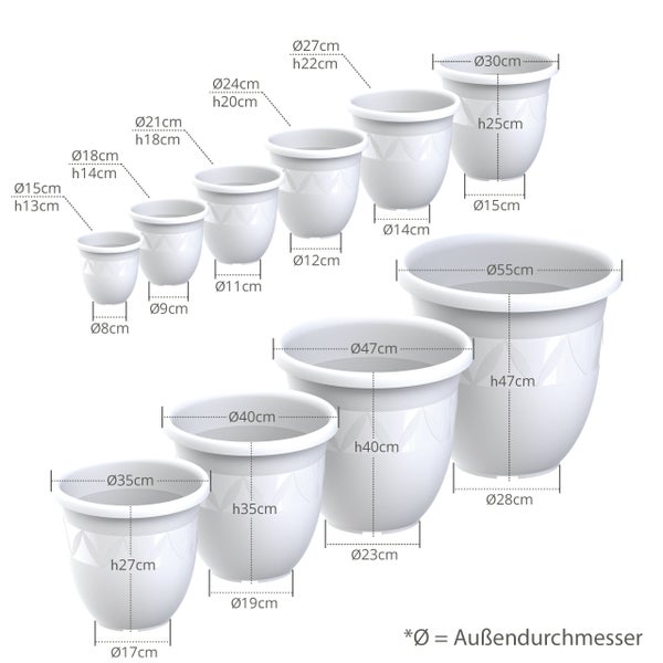 Plastard Blumentopf Capri Ø 27x22 cm Weiß - Pflanzkübel Übertopf Pflanztopf
