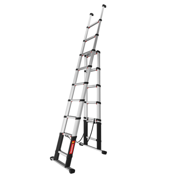 Ausziehbare Teleskop-Kombileiter von Telesteps aus Aluminium für den Einsatz als Steh- oder Anlegeleiter.