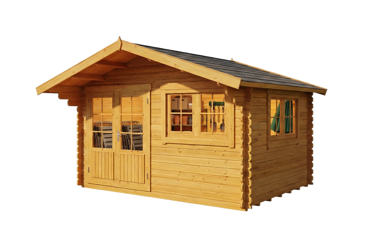 Holzgartenhaus mit Fenster und Doppeltür neben einer Bank und einem Schlauchwagen