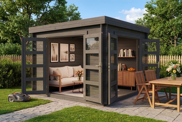 Modernes Gartenhaus aus Holz mit Flachdach und offenen Glastüren, eingerichtet als Wohnbereich in einem Garten mit Terrasse.