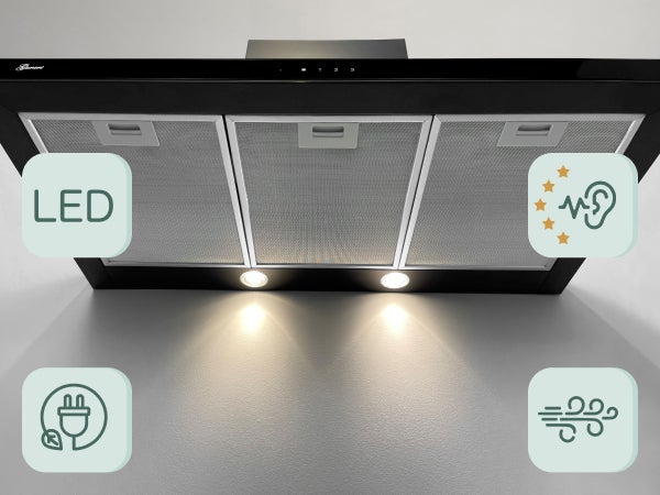 Dunstabzugshaube mit LED Beleuchtung und drei Metallfettfiltern inklusive Symbolen für LED, Lautstärke, Energieeffizienz und Lüfterleistung.