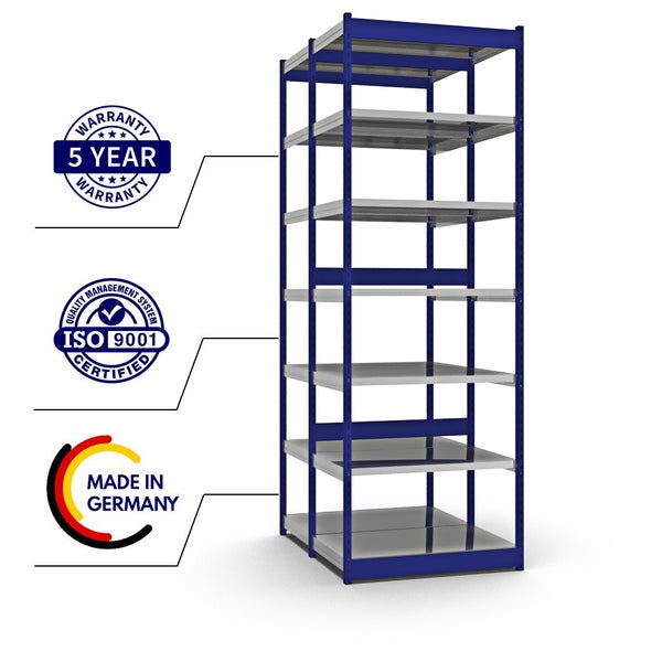 PROREGAL Fachbodenregal Stecksystem Vierkant-Profil Grundregal HxBxT 300 x 102,5 x 60 cm 2x7 Ebenen Doppelseitige Bauart Fachlast 200 kg Enzianblau