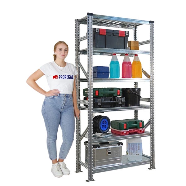 Einsteckregal mit sechs Böden, gefüllt mit Werkzeugkästen, Dosen und einer Person für Größenvergleich.