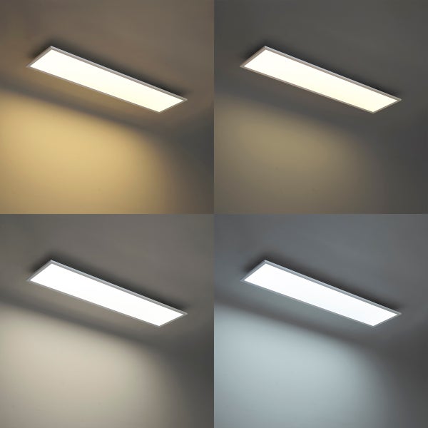 Rechteckiges LED-Panel Deckenleuchte in vier verschiedenen Lichtfarben von Warmweiß bis Kaltweiß.