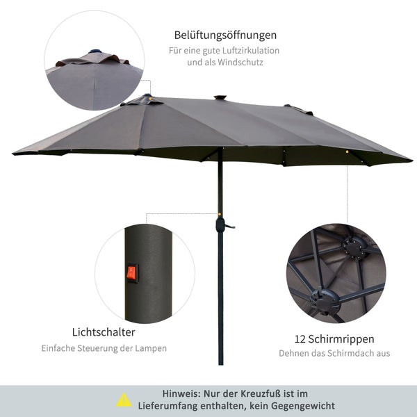 Outsunny Sonnenschirm mit LED Doppelsonnenschirm 440 x 260 cm Gartenschirm Marktschirm groß Terrassenschirm mit Handkurbel Oval Metall Dunkelgrau