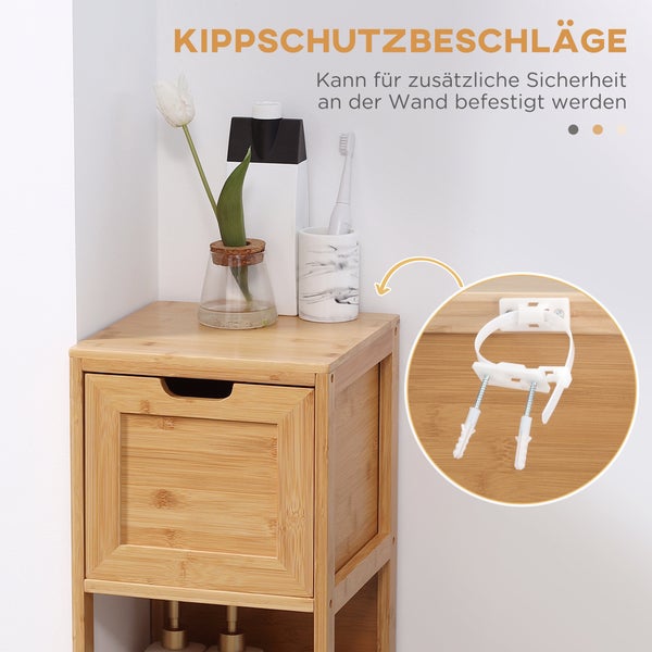 kleankin Badezimmerschrank Badschrank Aufbewahrungsschrank mit Kippschutz aus Bambus, Unterschrank mit 2 Schubladen, Lanfhausstil Beistellschrank, Naturholz, 30 x 30 x 90 cm