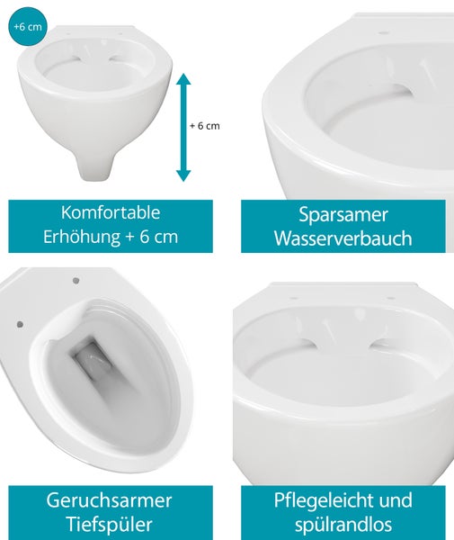 Wandhänge WC mit 6 Zentimeter Komfort Erhöhung spülrandlos und wassersparend als Tiefspüler für eine einfache Reinigung.