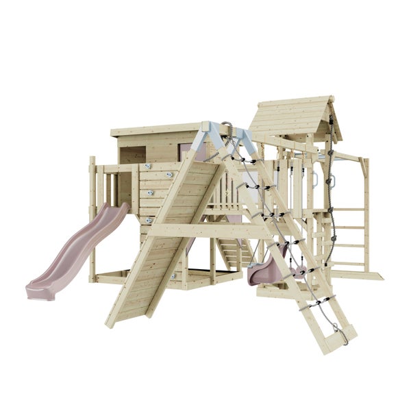 Spielturm aus Holz mit Rutsche, Kletterwand, Schaukel und Seilleiter