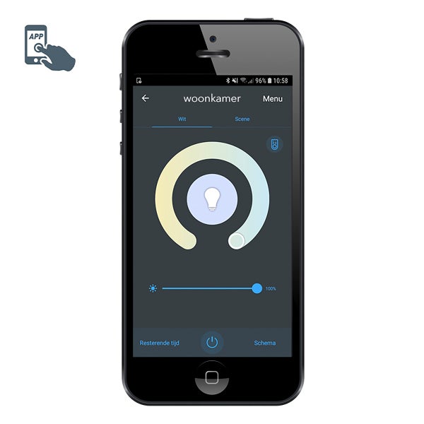 Smartphone mit App zur Steuerung von Helligkeit und Farbtemperatur smarter Beleuchtung sowie Symbol für App-Steuerung.