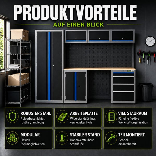 Modulare Werkstatteinrichtung aus Stahl mit Arbeitstisch, Lochwand, Schränken und Schubladen sowie Hinweisen zu den Produktvorteilen.
