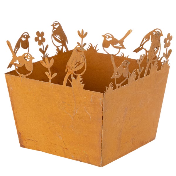 Quadratischer Pflanzkübel aus Metall in Edelrostoptik mit Vogelmotiven und Blumenmotiven am Rand.