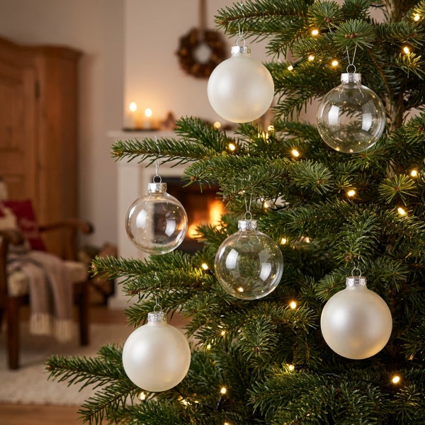 Weihnachtsbaum mit gläsernen und matten Weihnachtskugeln vor einem Kamin in einem wohnlich eingerichteten Zimmer.