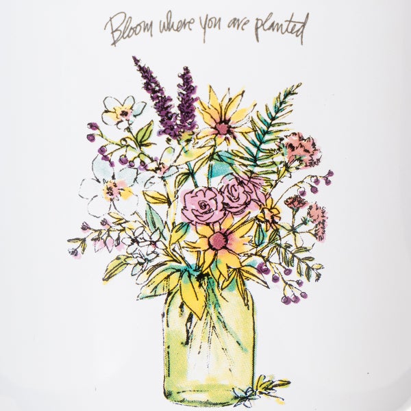Illustration eines Blumenstraußes in einem Glas mit dem Schriftzug Bloom where you are planted