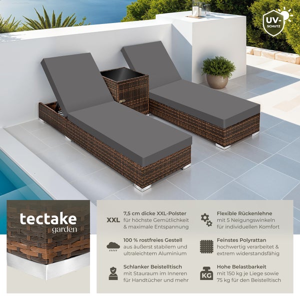 2er Set Rattan Sonnenliegen tectake  wetterfest und UV-beständig mit Aluminiumgestell braun