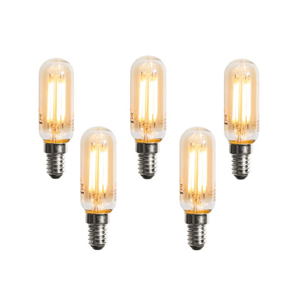Fünf goldfarbene LED Filament Leuchtmittel in Röhrenform mit E14 Sockel und klarem Glas.