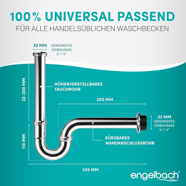 Engelbach® Siphon für Waschbecken - Extra Lang 200mm -  1 1/4 inkl. Gummimanschette mit Montage-Video