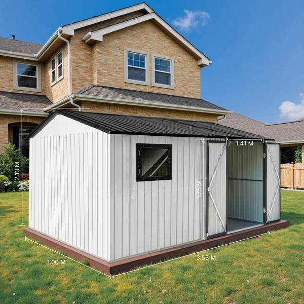 Metall Gerätehaus mit Fenster und Doppeltür im Garten, Größenangaben in Meter