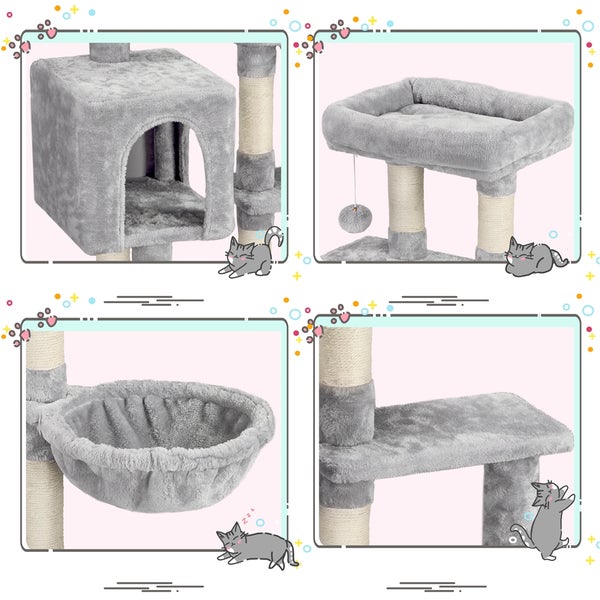 Collage eines Katzenkratzbaums mit Höhle, Liegefläche, Hängematte und Plattform