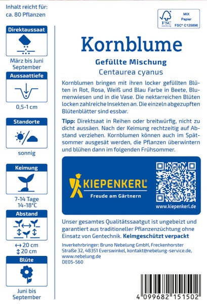 Saatgut für Kornblume Gefüllte Mischung von Kiepenkerl mit Aussaat- und Pflegehinweisen auf der Verpackungsrückseite.
