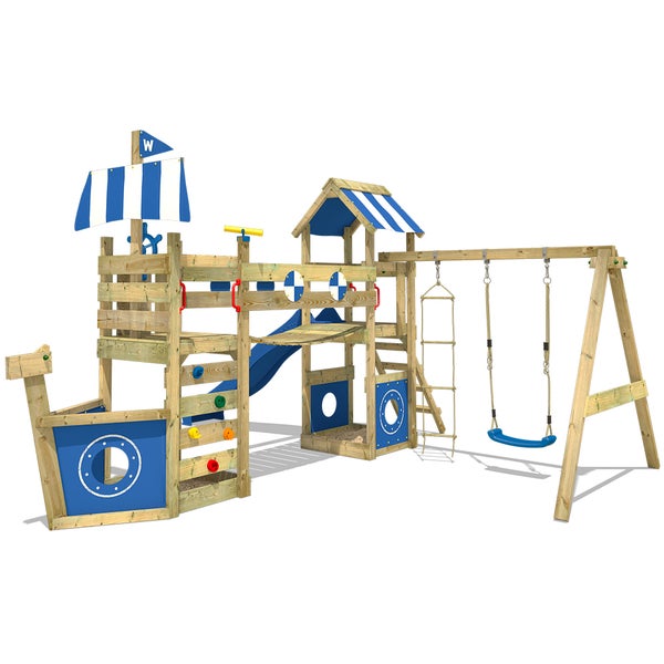 WICKEY Spielturm Klettergerüst StormFlyer mit Schaukel und Rutsche, Baumhaus mit Sandkasten, Kletterleiter und Spiel-Zubehör - grün