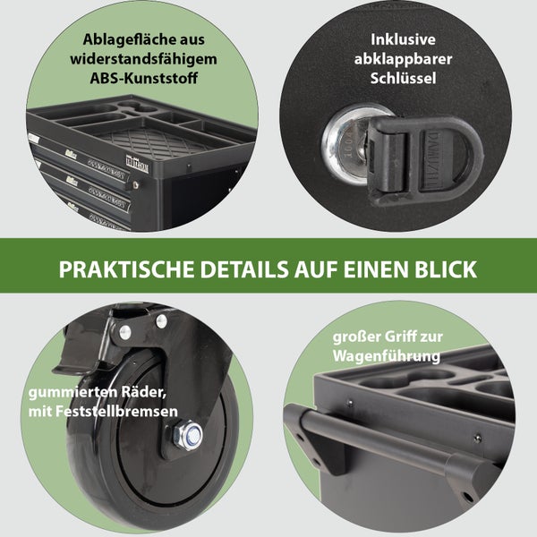 Werkstattwagen-Details: ABS-Ablagefläche, klappbarer Schlüssel, gummierte Räder mit Feststellbremse und ein großer Schiebegriff.