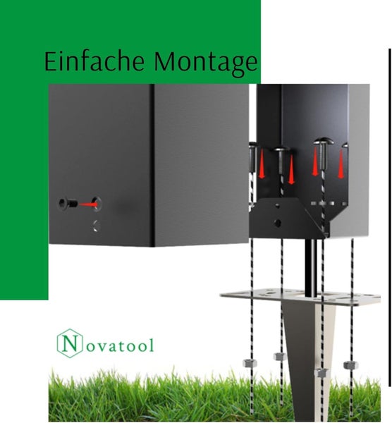 Illustration zur einfachen Montage eines Novatool Pfostens auf einem Erdspieß mit Schrauben. Novatool Logo.