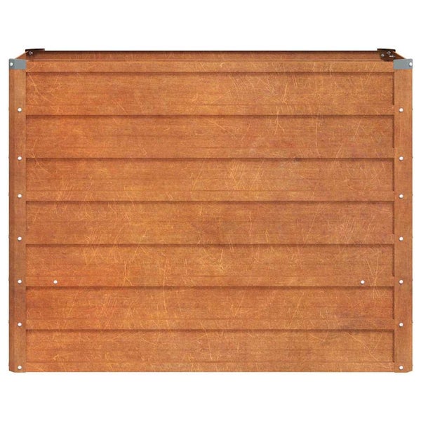 Hochbeet-Seitenwand aus Metall in Rostoptik mit horizontalen Lamellen und Eckverbindungen.