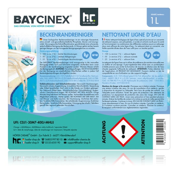 Baycinex Poolreinger Etikett mit Warnhinweisen und Dosierungsempfehlungen