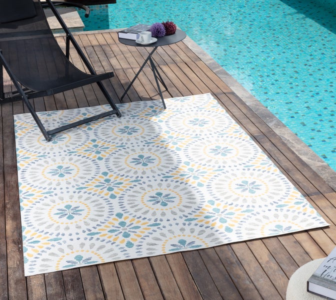 In-/Outdoor Boho-Teppich Blau/Senfgelb 200x275 cm DHENA