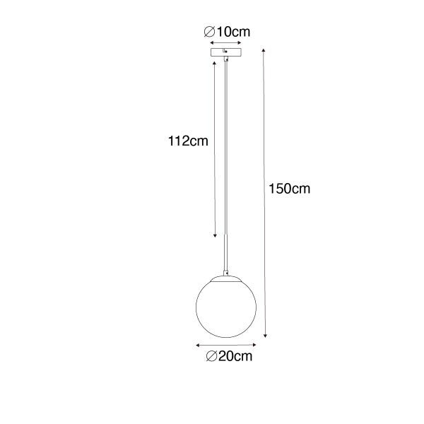 Maßzeichnung einer Pendelleuchte: Kugelschirm Durchmesser 20 Zentimeter, Gesamthöhe 150 Zentimeter, Kabel 112 Zentimeter, Baldachin 10 Zentimeter.