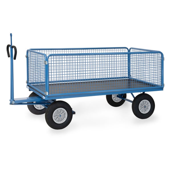 Blauer Handwagen mit Gitterwänden und vier Luftreifen.