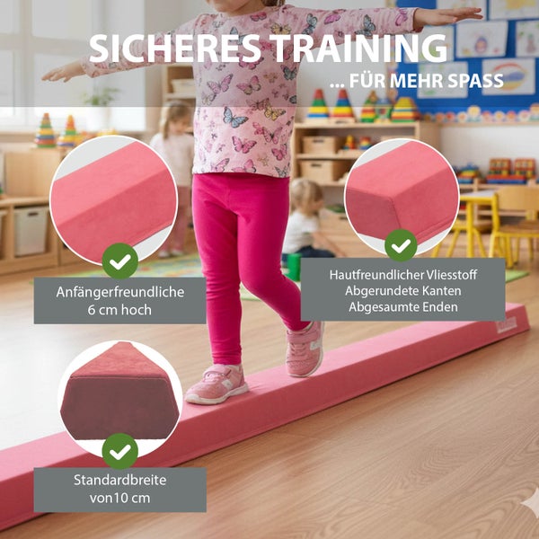 Zusammenklappbarer Schwebebalken für Kinder in Rosa mit Klettverschluss und Tragegriffen für eine platzsparende Lagerung.