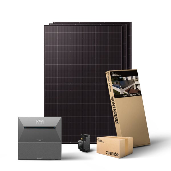 Balkonkraftwerk Komplettset bestehend aus Solarpanelen, Anker Solix Speicher, Montageset für Gitterbalkone und Zubehörbox.
