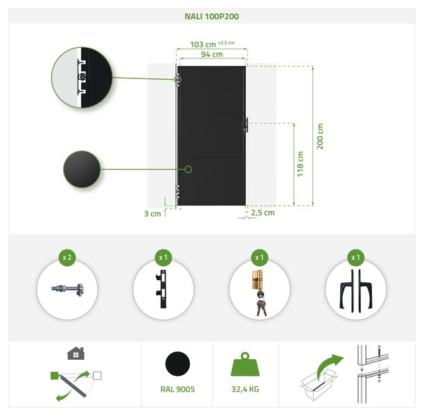 Nali 100P200 Tür mit Maßangaben und Zubehörinformationen