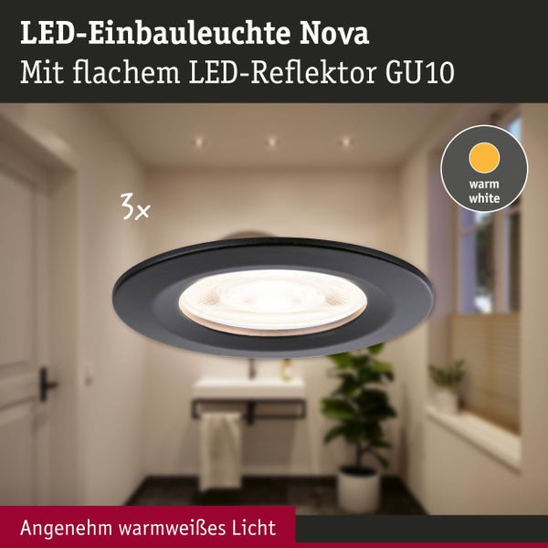 LED-Einbauleuchte Nova im 3er Set mit flachem GU10 Reflektor in Schwarz für angenehmes warmweißes Licht.