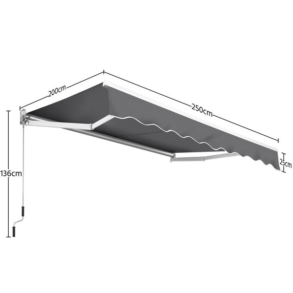 Graue Gelenkarmmarkise mit den Maßen 200 cm x 250 cm und einer Höhe von 136 cm.