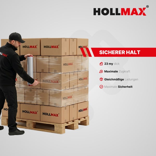 Ein Mann umwickelt Kartons auf einer Palette mit transparenter HOLLMAX Streckfolie, 23 Mikrometer dick, für maximale Sicherheit und festen Halt.