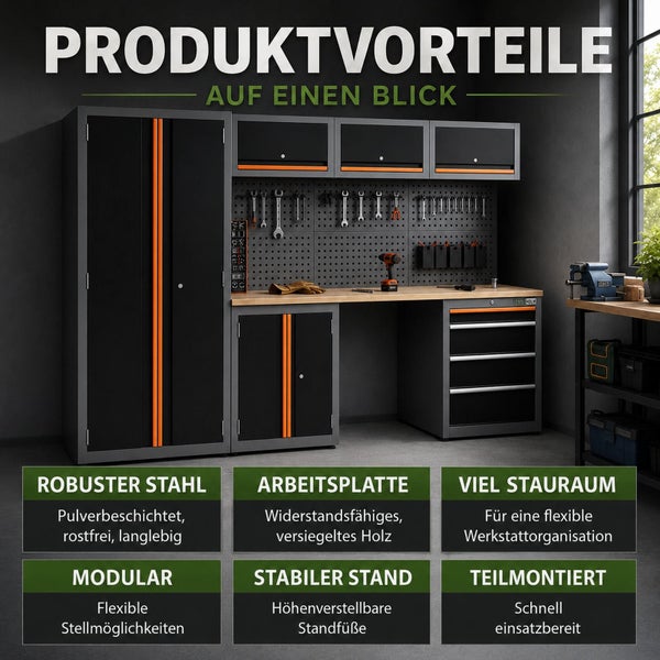 Modulare Werkstatteinrichtung aus robustem Stahl mit Arbeitsplatte aus Holz, viel Stauraum, höhenverstellbaren Standfüßen und Lochwand.