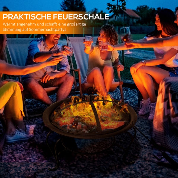 Outsunny Feuerschale, für Holz und Holzkohle, mit Funkenschutz, 56 x 45 cm (LxH), Metall, Schwarz