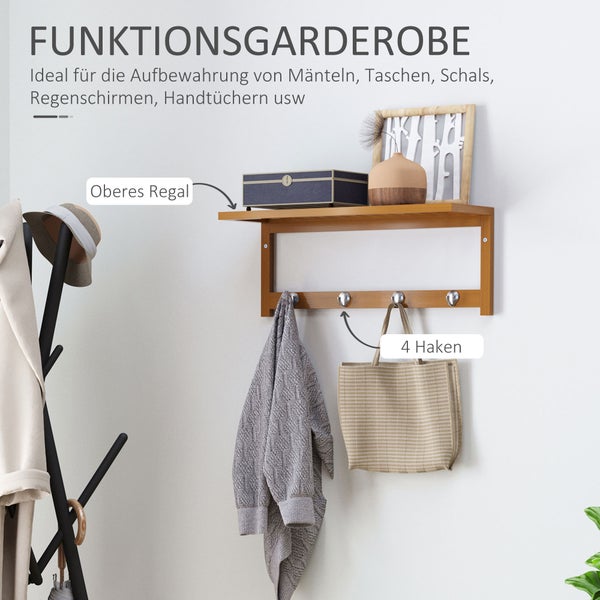 Garderobe aus Bambus mit vier Haken und Ablage