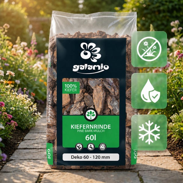 Galamio Kiefernrinde 60 Liter, 60 bis 120 Millimeter. Schützt vor Unkraut, Frost und speichert Feuchtigkeit. Galamio Logo.