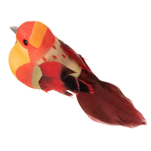 Dekorativer Vogel mit echten Federn in Rot und Orange zur Gestaltung von Gestecken oder Weihnachtsdekoration.